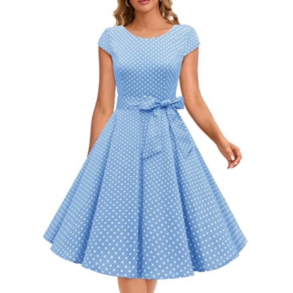 (NWOT) DRESSYSTAR • Sky Blue/White Polka Dot Vintage-Inspired Cap Sleeve Dress - Picture 1 of 16